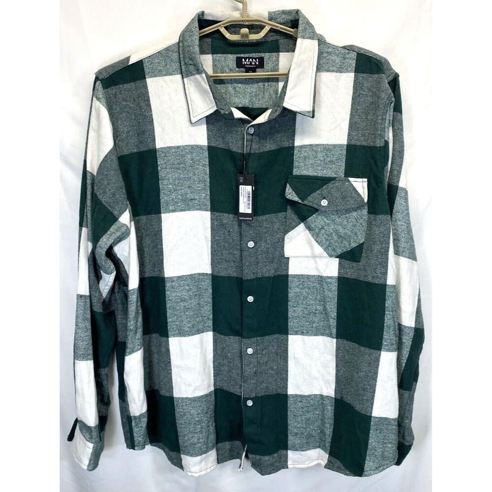 BoohooMan Flannel Button Up Shirt Jacket Color Green White Plaid Size 4XL NEW